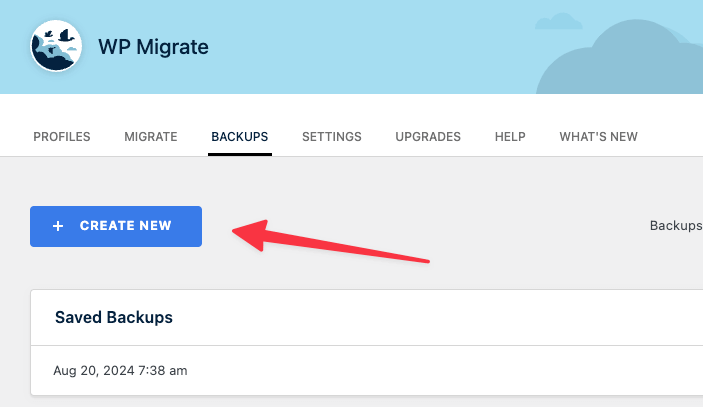 Arrow pointing towards create new backup button on WP Migrate