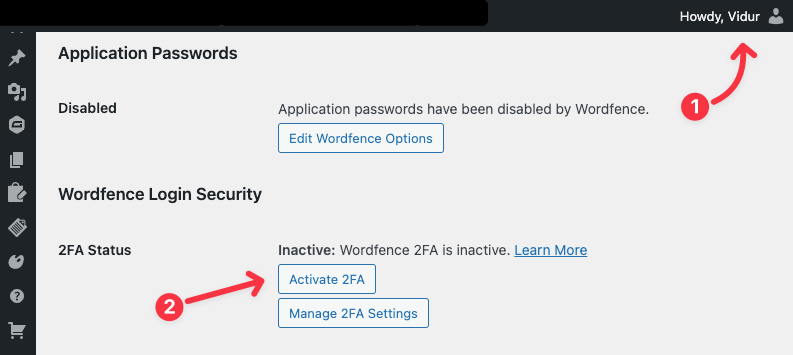 WordPress menu pointing towards 2fa settings in WordFence for WordPress Security